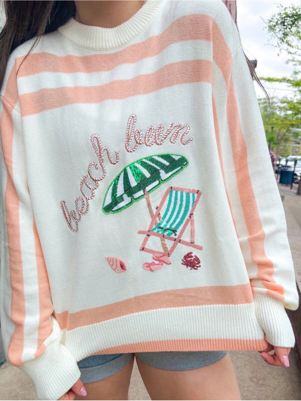 QUEEN OF SPARKLES Peach & White Striped Beach Embroidered Sweater
